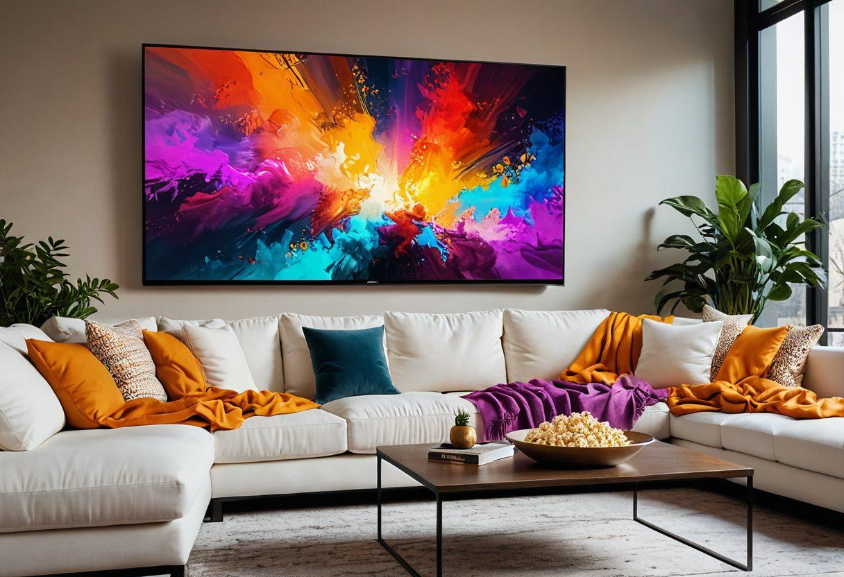 A cozy home setup with a plush couch, dim ambient lighting, and a sleek TV screen displaying a vibrant, abstract art piece representing escapism. A bowl of popcorn sits beside, with a colorful throw blanket draped over the couch. The overall atmosphere is inviting and intimate, evoking a sense of relaxation and indulgence. digital art. warm tones. modern aesthetic.