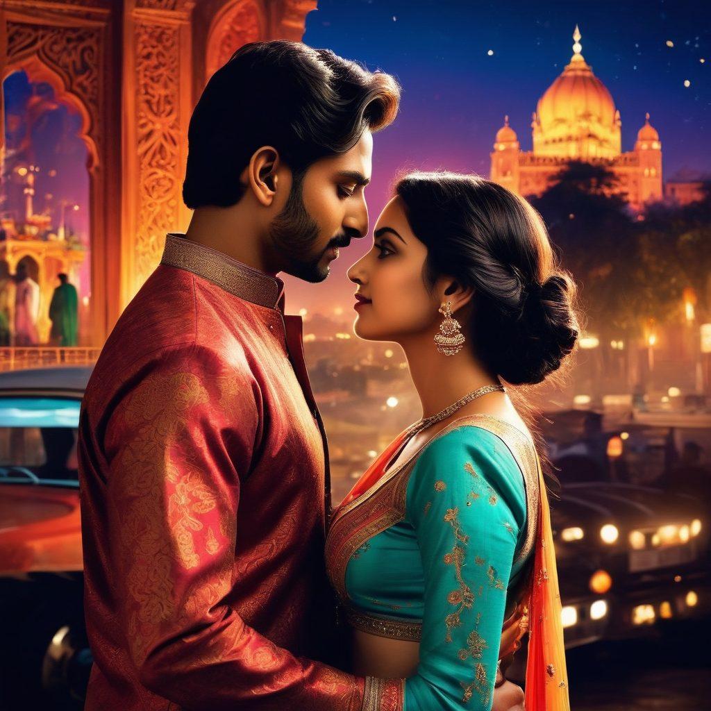 A vibrant collage featuring iconic scenes from popular Hindi adult films and series, intertwined with film reels, romantic silhouettes, and colorful Bollywood motifs. Add elements of passion and allure with soft lighting and sensual textures to enhance the intimate atmosphere. The backdrop should be a stunning night skyline of Mumbai, representing the bustling film industry. Incorporate subtle hints of traditional Indian aesthetics, like ornate patterns or fabrics, for cultural richness. super-realistic. vibrant colors. cinematic style.